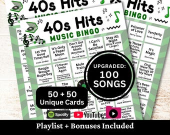40s Hits Music Bingo, 50 Cards, 100 Songs Playlists Included, 1940s-themed, Printable PDF Game, Instant Download