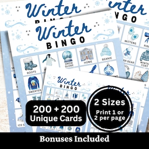 Puede incluir: Tarjetas de juego de bingo de invierno con ilustraciones temáticas de invierno. Las tarjetas presentan imágenes de botas, pingüinos, bolas de nieve y suéteres. El texto de las tarjetas dice "Winter Bingo" en escritura azul. Las tarjetas están disponibles en dos tamaños, con 200+200 tarjetas únicas.