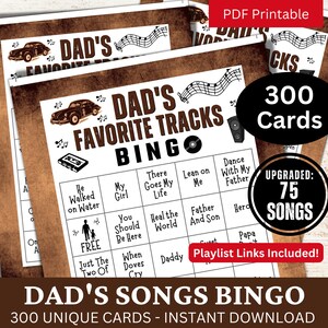 Carte 300 chansons du jeu de bingo avec papa, activité de rassemblement sur le thème de l'anniversaire de papa, bingo en musique avec liste de lecture pour la fête des pères, soirée de réunion de famille