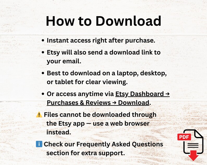 Pu&ograve; includere: Uno sfondo bianco con il testo "Come scaricare" e punti elenco che dettagliano il processo di download. Include un'icona PDF con una freccia rossa, che indica i file scaricabili. Le istruzioni riguardano l'accesso immediato, i link via email e l'accesso tramite la dashboard di Etsy.