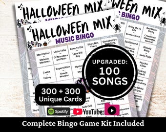 May include: A Halloween Mix Music Bingo game kit featuring printed cards with song titles and artist names. The cards include graphics of musical notes, a spider, and a pumpkin. Text overlays state Upgraded: 100 Songs, 300 + 300 Unique Cards, and include Spotify, YouTube, and play icons.