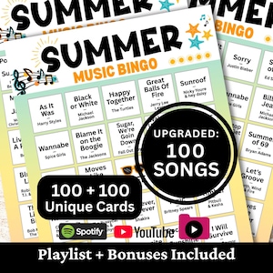 Puede incluir: Tarjetas de Bingo de M&uacute;sica de Verano con un dise&ntilde;o brillante y colorido. Las tarjetas presentan t&iacute;tulos de canciones y nombres de artistas, con el texto "Summer Music Bingo" en la parte superior. Incluye 100+100 tarjetas &uacute;nicas, una lista de reproducci&oacute;n y bonificaciones.