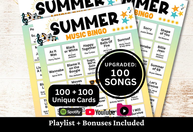 Puede incluir: Tarjetas de Bingo de M&uacute;sica de Verano con un dise&ntilde;o brillante y colorido. Las tarjetas presentan t&iacute;tulos de canciones y nombres de artistas, con el texto "Summer Music Bingo" en la parte superior. Incluye 100+100 tarjetas &uacute;nicas, una lista de reproducci&oacute;n y bonificaciones.
