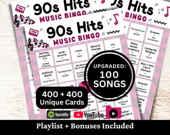 90s Hits Music Bingo, 400 Cards, 100 Songs Playlists Included, Printable PDF Game, Instant Download