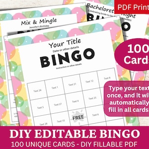 100 bewerkbare Bingo kleurrijke pastel thema sjabloon PDF, DIY invulbare gamekaart, aangepaste automatische vulling, gepersonaliseerd Maak uw eigen generator