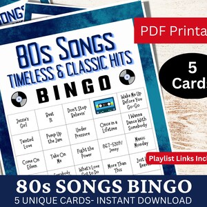 Tarjetas de juego de bingo con canciones clásicas de los 80, actividad de fiesta musical atemporal, juego imprimible de reunión nocturna familiar, PDF de cumpleaños para amantes de lo retro