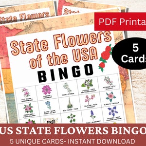 Könnte beinhalten: Eine druckbare Bingo-Karte mit den Staatsblumen der USA. Die Karte hat einen Hintergrund mit einer Vintage-Karte und enthält die Namen der Blumen und Staaten. Der Text "US State Flowers Bingo" und "5 einzigartige Karten - Sofort-Download" befindet sich am unteren Rand der Karte.