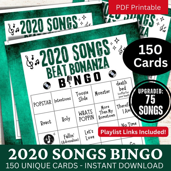 2020 Songs Bingo 150 Cards, Throwback Music Bingo with Playlist, Friend Birthday Theme Gathering Activity, Family Reunion Party Night Game