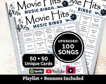 Movie Hits Music Bingo, 50 Cards, 100 Songs Playlists Included, Printable PDF Game, Instant Download