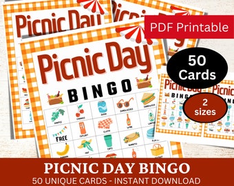 50 Picnic Day Bingo Game Card, Family Reunion Activity, Fun Birthday Theme Bingo, Bachelorette Theme Party PDF Games, Summer Get Together