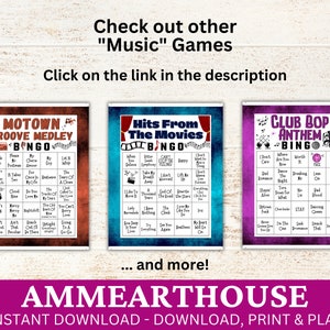 May include: Three printable bingo cards with a music theme. The cards are titled "Motown Groove Medley", "Hits From The Movies", and "Club Bop Anthem". Each card has a 5x5 grid with song titles in each square.