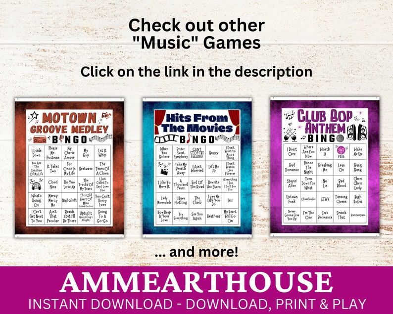 May include: Three printable bingo cards with a music theme. The cards are titled "Motown Groove Medley", "Hits From The Movies", and "Club Bop Anthem". Each card has a 5x5 grid with song titles in each square.
