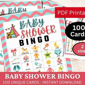 100 Baby Shower Bingo Spielkarten, rosa blau Thema Bingo Aktivität, Mädchen Baby Shower druckbare, junge Baby Shower Bingo Spiel, Schwangerschaft Spiel
