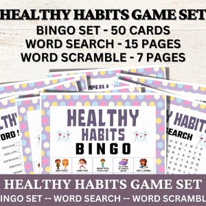 May include: A set of printable healthy habits games for kids. The set includes a bingo game, a word search, and a word scramble. The games feature a purple and yellow polka dot background with colorful illustrations.