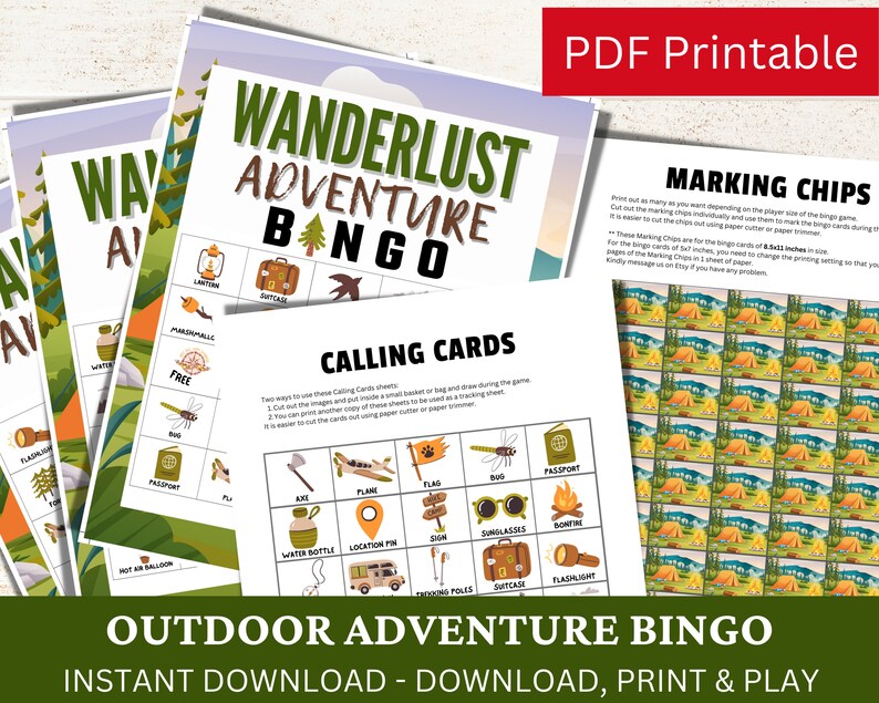 50 Outdoor Adventure Bingo Game Cards, Camping Theme Activity, Summer