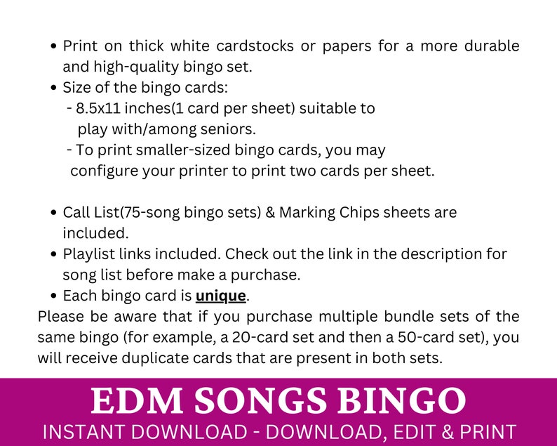 Puede incluir: Un juego de bingo de canciones EDM imprimible con instrucciones para imprimir en cartulina o papel. El juego incluye una lista de llamadas de 75 canciones, fichas de marcado y enlaces de listas de reproducci&oacute;n. Cada tarjeta de bingo es &uacute;nica. El texto "INSTANT DOWNLOAD - DOWNLOAD, EDIT & PRINT" est&aacute; en la parte inferior de la imagen.