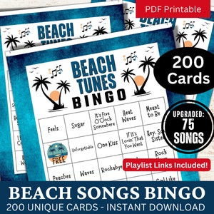 Jeu de bingo avec chansons de plage 200 cartes, soirée réunion d'amis, jeu de réunion d'anniversaire de famille, activité airs de vacances, musique sur le thème de l'été