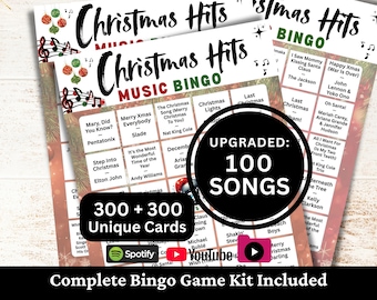 May include: A Christmas Hits Music Bingo game kit featuring multiple printed cards with song titles and artist names. The cards include black text, musical notes, and red and green ornaments. Overlays state Upgraded: 100 Songs and 300 + 300 Unique Cards with Spotify and YouTube logos.