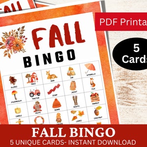 5 carte da gioco acquerello Bingo autunnale per adulti e bambini, pacchetto di attività per feste autunnali, vacanze in famiglia pastello stampabile, stagione del festival PDF