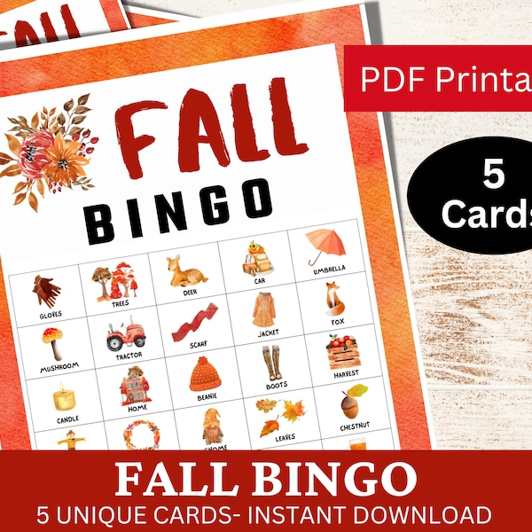 5 Fall Bingo Watercolor Game Card for Adult and Kid, Autumn Party Activity Bundle, Holiday Family Pastel Printable, Festival Season PDF