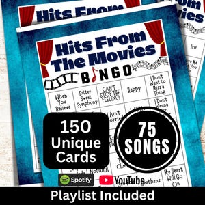 Movie Soundtrack Songs Bingo 150 Card, Family Day Gathering Game, Music Bingo with Playlist, Friends Reunion Adult Printable Party Activity