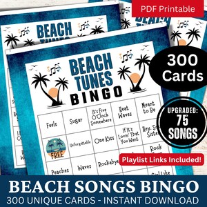 Beach Songs Bingo 300 Karten, Sommerferien Musik Bingo mit Playlist, Freund Wiedersehen Party Night Spiel, Familiengeburtstag Sammeln Aktivität