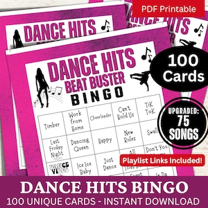 Dance Songs Bingo 100 carte, Bingo rompighiaccio per compleanni di anziani, gioco musicale con playlist, attività a tema per feste di ritrovo in un club sociale