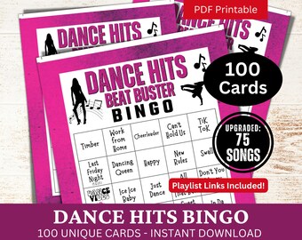 Dance Songs Bingo 100 Cards, Senior Adult Birthday Icebreaker Bingo, Music Game with Playlist, Social Club Gathering Party Themed Activity