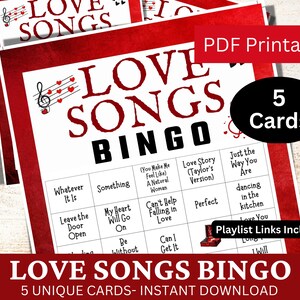Cartões de jogo de bingo com 5 canções de amor, atividade de festa de música pop romântica, reunião noturna em família clássica para impressão, PDF de aniversário para amantes do country