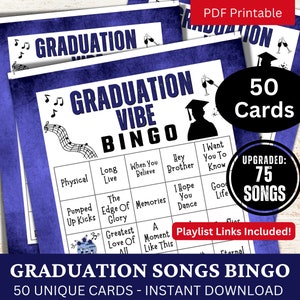 Canções de formatura Bingo 50 cartões, Classe de 2024 Lista de reprodução de música Bingo, Noite de atividades de festa temática de alunos, Reunião de formatura da faculdade