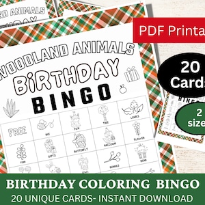 Puede incluir: Un juego imprimible de "Woodland Animals Birthday Bingo" con 20 tarjetas y 2 tamaños. Las tarjetas de bingo en blanco y negro presentan ilustraciones de animales del bosque y el texto "Birthday Coloring Bingo". El fondo tiene un patrón de cuadros.