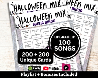 Halloween Music Bingo, 200 Cards, 100 Songs Playlists Included, Printable PDF Game, Instant Download