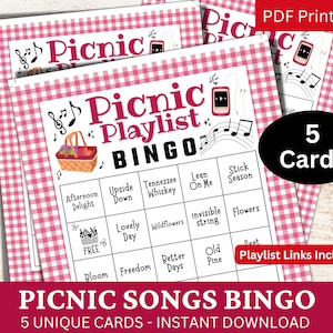 Cartão de bingo de músicas de piquenique 5, bingo de música para reunião de família com lista de reprodução, atividade para impressão de reunião de churrasco para adultos, jogo de festa com tema de férias