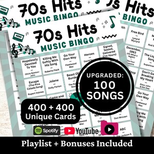Printable 70s Hits Music Bingo game for parties, events, family gatherings, offices, and fundraisers. Features 100 popular 1970s songs still loved today. Includes 400 + 400 unique bingo cards, Spotify and YouTube playlists, and bonus extras.