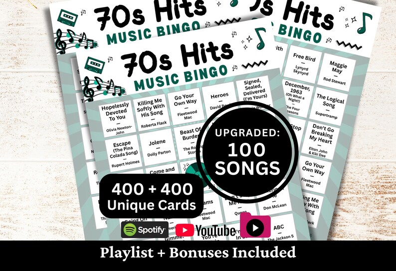 Printable 70s Hits Music Bingo game for parties, events, family gatherings, offices, and fundraisers. Features 100 popular 1970s songs still loved today. Includes 400 + 400 unique bingo cards, Spotify and YouTube playlists, and bonus extras.