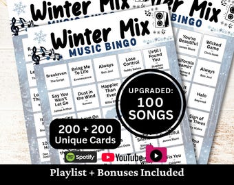 Winter Music Bingo, 200 Cards, 100 Songs Playlists Included, Printable PDF Game, Instant Download