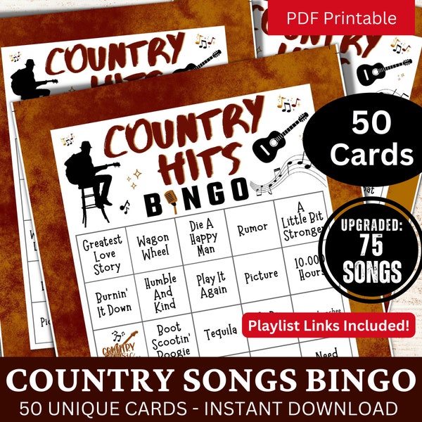 Country Music Songs Bingo 50 Cards, Music Party Activity with Playlist, Family Night Gathering Printable Game, Western Birthday Bash Bingo