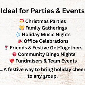 Ideal for Christmas parties, family gatherings, holiday music nights, office celebrations, and festive get-togethers with friends. Also great for community bingo nights, fundraisers, and team events. A cheerful way to bring holiday spirit and fun to any group celebration.