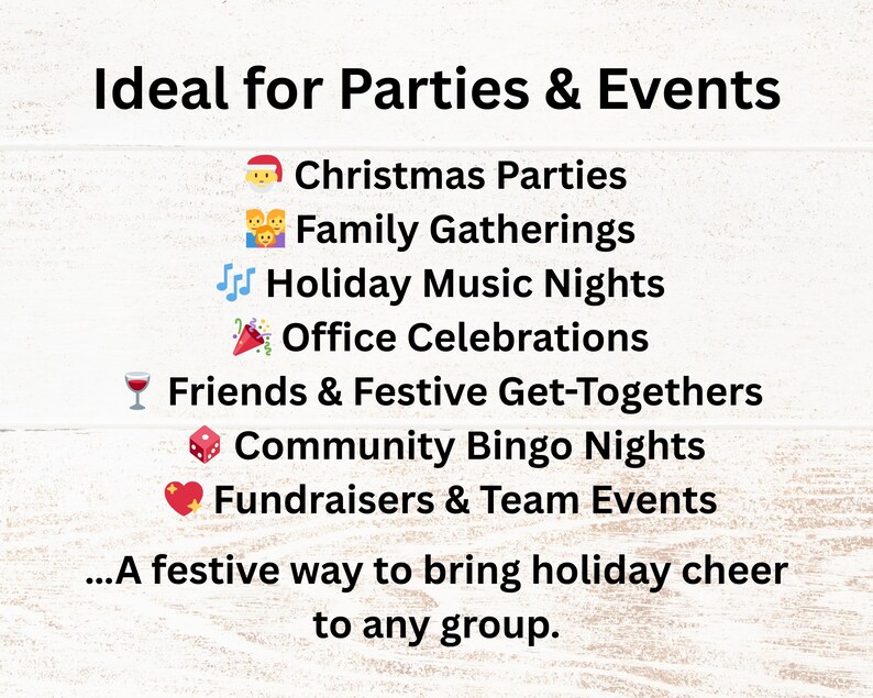 Ideal for Christmas parties, family gatherings, holiday music nights, office celebrations, and festive get-togethers with friends. Also great for community bingo nights, fundraisers, and team events. A cheerful way to bring holiday spirit and fun to any group celebration.
