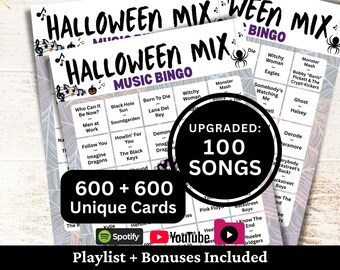 Bingo musical de Halloween, 600 cartones, 100 listas de reproducción de canciones incluidas, juego en PDF imprimible, descarga instantánea