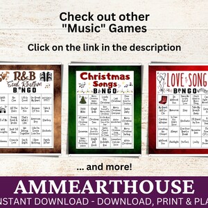 Puede incluir: Tres tarjetas de bingo imprimibles con un estilo vintage. Las tarjetas se titulan "R&B Soul Rhythm Bingo", "Christmas Songs Bingo" y "Love Songs Bingo". Cada tarjeta presenta un esquema de color diferente y iconos con tem&aacute;tica musical.