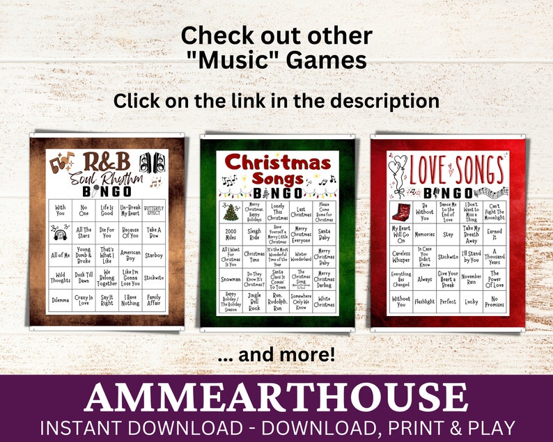 Puede incluir: Tres tarjetas de bingo imprimibles con un estilo vintage. Las tarjetas se titulan "R&B Soul Rhythm Bingo", "Christmas Songs Bingo" y "Love Songs Bingo". Cada tarjeta presenta un esquema de color diferente y iconos con tem&aacute;tica musical.