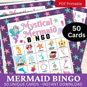 Zeemeermin Bingo 50 kaart, schattige afdrukbare zeemeermin thema familiespelavond voor kinderen, klaslokaal Icebreaker PDF Bingo, verjaardagsfeestje verzamelen