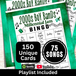 Bingo de canciones de bandas juveniles de los 2000 (150 cartones), juego de fiesta para reuniones familiares del año 2000, bingo musical del milenio con lista de reproducción, actividad de reunión de los 2000 para adultos