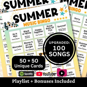 May include: Summer Music Bingo cards with song titles and artist names. The cards feature the text "Summer Music Bingo" with musical notes and stars. The cards include the text "Upgraded: 100 Songs" and "50 + 50 Unique Cards".