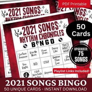 2021 Songs Bingo 50 Karten, Throwback Musik Bingo mit Playlist, Familientreffen Partynacht Spiel, Freund Geburtstag Thema Sammeln Aktivität