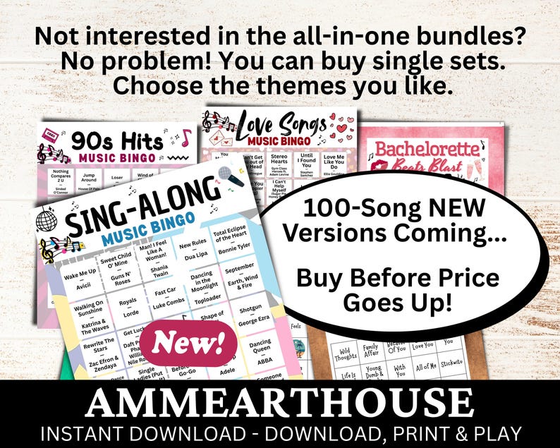 Puede incluir: Conjunto de juegos de bingo musical con temas como &Eacute;xitos de los 90 y Canciones de Amor. La imagen presenta dise&ntilde;os coloridos y texto, con un mensaje promocional sobre nuevas versiones y una llamada a comprar.