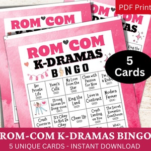 5 Rom Com K-Dramas Bingo, Romantic Comedy Korean Dramas Party Game, DIY Gift for Korean Drama Lover Friend, Kdrama Themed Bingo Printable