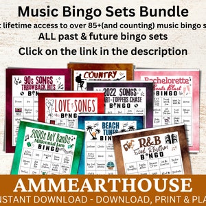 May include: A collection of printable music bingo cards featuring various themes, including 90s songs, love songs, country, beach tunes, R&B, and bachelorette beats. The cards are designed with a vintage aesthetic and feature a variety of musical icons.