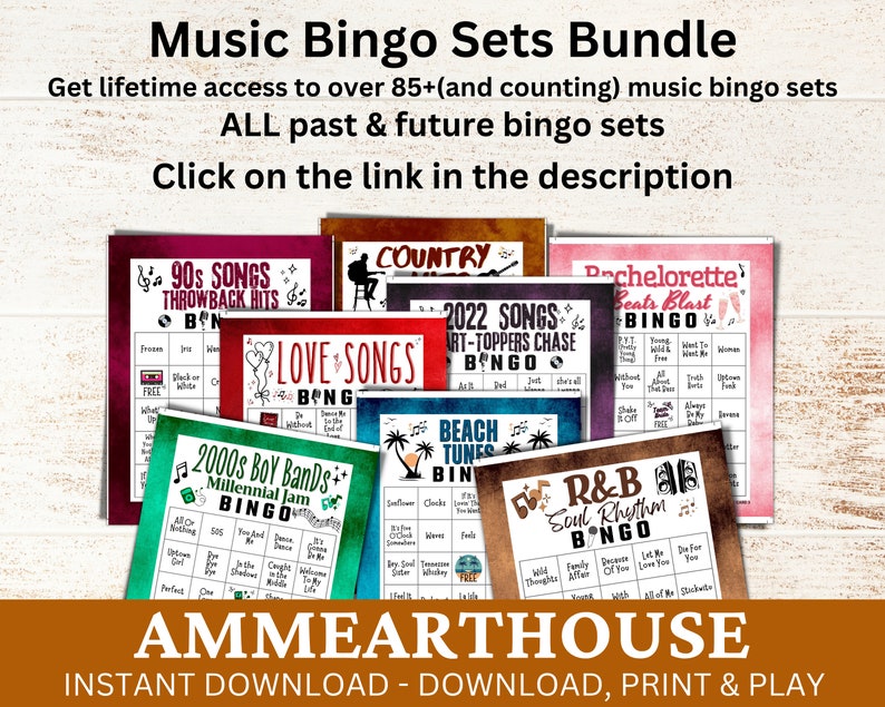 May include: A collection of printable music bingo cards featuring various themes, including 90s songs, love songs, country, beach tunes, R&B, and bachelorette beats. The cards are designed with a vintage aesthetic and feature a variety of musical icons.